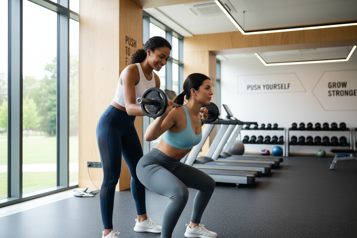 Mixed race female fitness trainer training a woman
