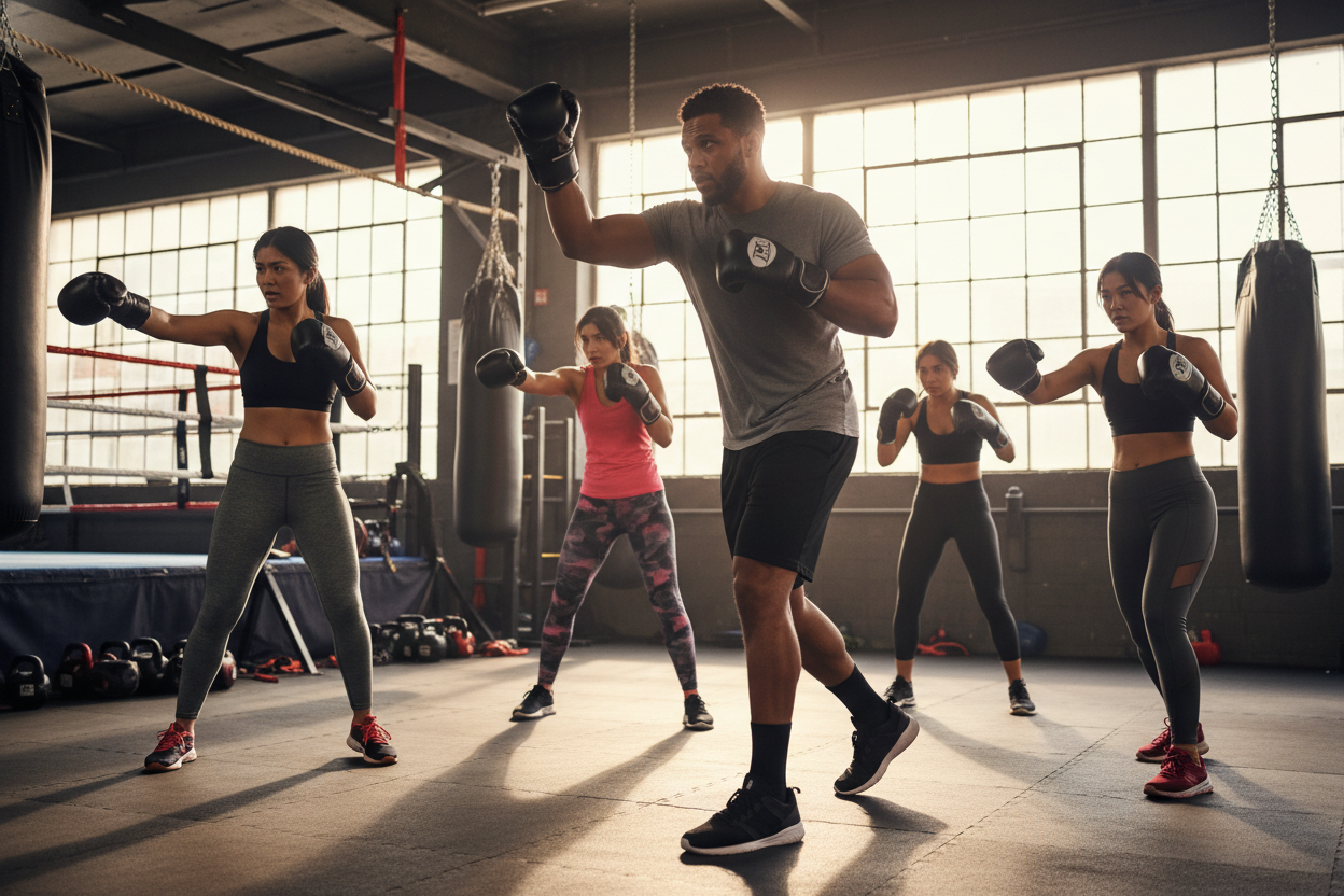 Mixed race male boxing coach training a group of women