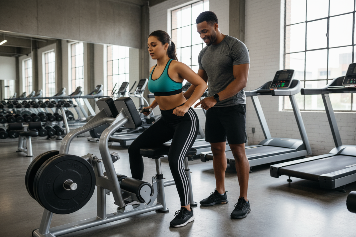 Mixed race trainer training a woman client on a machine that enhances glutes