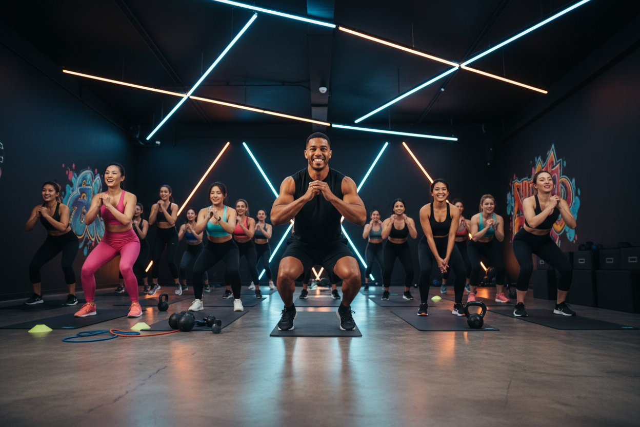 New urban Fitness gym with black walls/background 2,000 sqft showing a mixed race male coaching a group of females in a HIIT training exercise while everyone is smiling